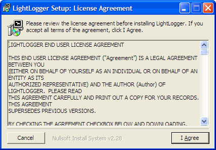 LightLogger Keylogger License Agreement Dialog