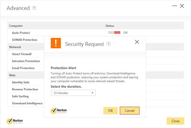 Norton Security Advanced dialog