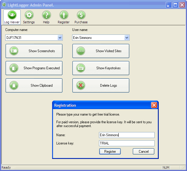 LightLogger Keylogger Registration Dialog