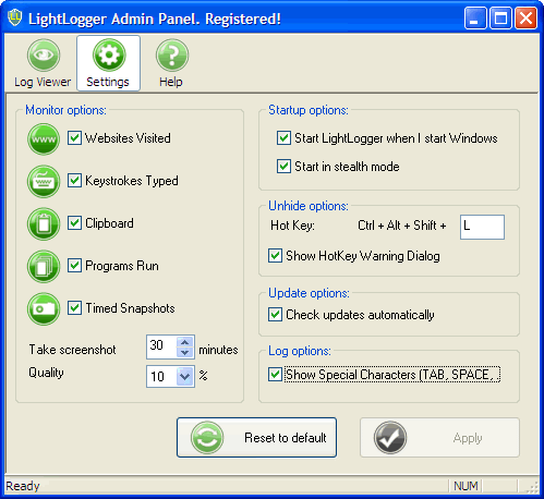 LightLogger Keylogger Settings Page