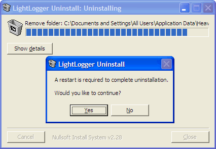 LightLogger Keylogger Uninstall Confirm Dialog