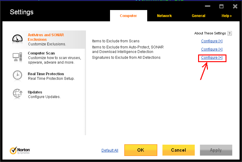 Norton Settings Dialog