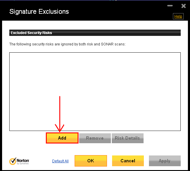 Norton Signature Exclusions Dialog