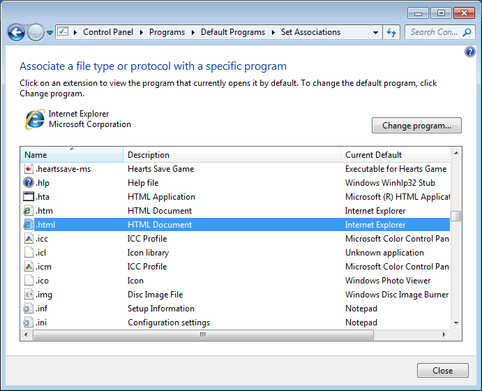 Associate a file type Windows 7. Change html.
