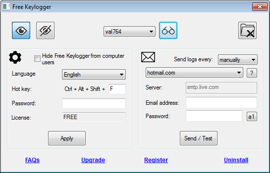 Free Keylogger Setting Page