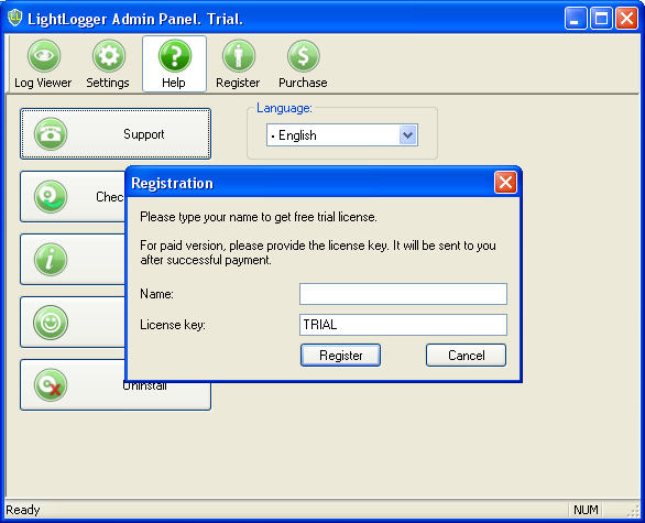 LightLogger Keylogger Registration Window