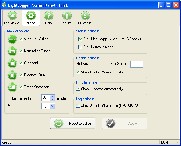 LightLogger Keylogger Settings Tab